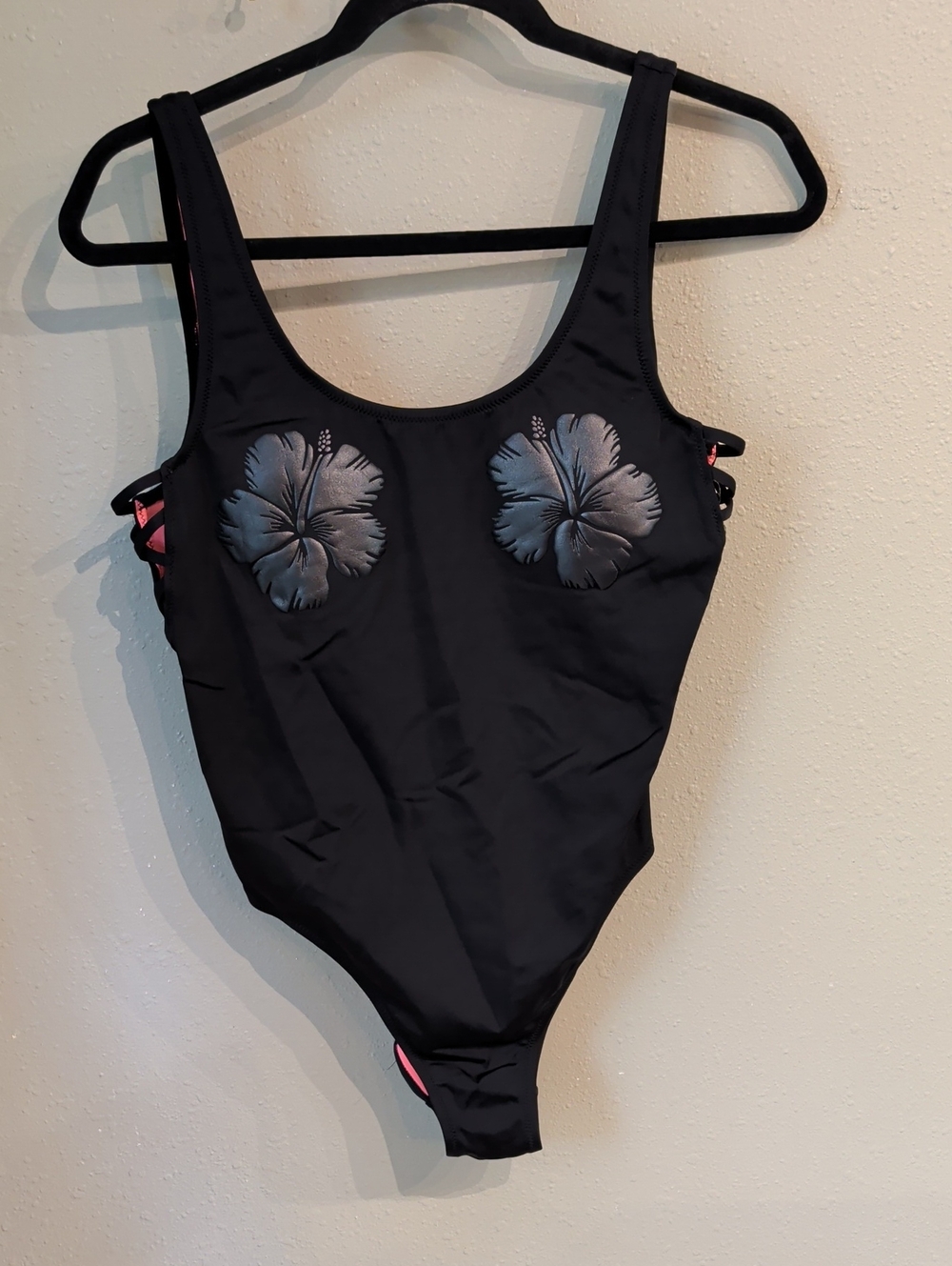 PINK One Piece Black Swimsuit Flower Imprint Size Medium Vacation